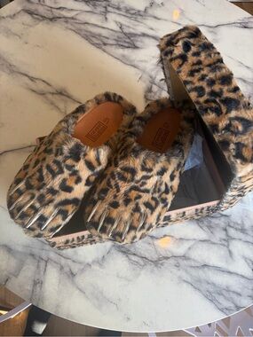 Bravest Studios Leopard Faux Fur Claw Slipper Mules in Tan and Black